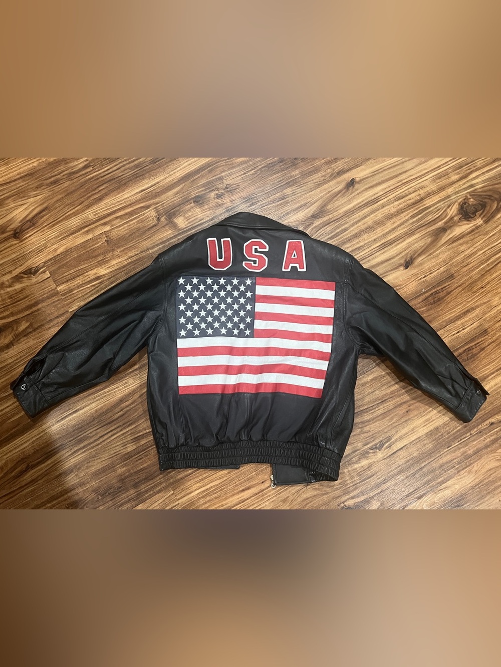 90's USA Black Leather Bomber
Motorcycle Jacket Size M American
Flag Embroidered
